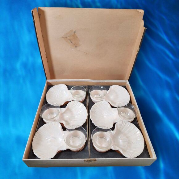 Vintage Karoff Sea-Servers Pink Shrimp Cocktail Dishes Set of 6 Box Retro Clam - Picture 3 of 11